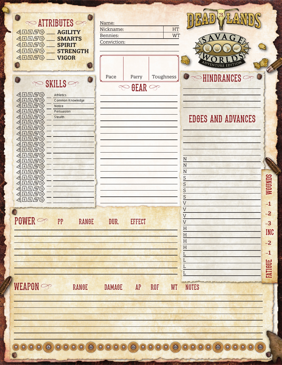 Deadlands Reloaded Form Fillable Character Sheet Printable Forms Free