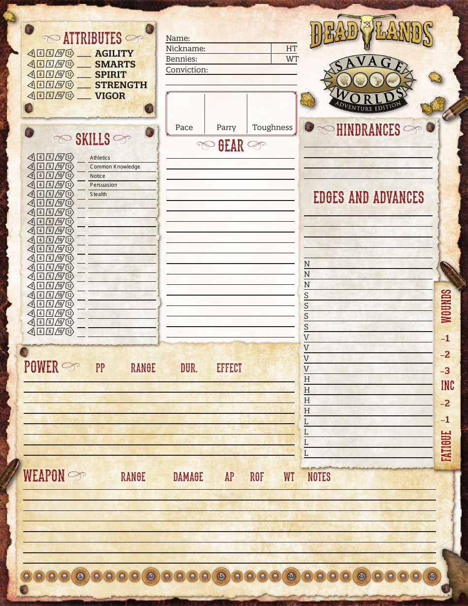 Deadlands Character Sheet - Adventure Edition