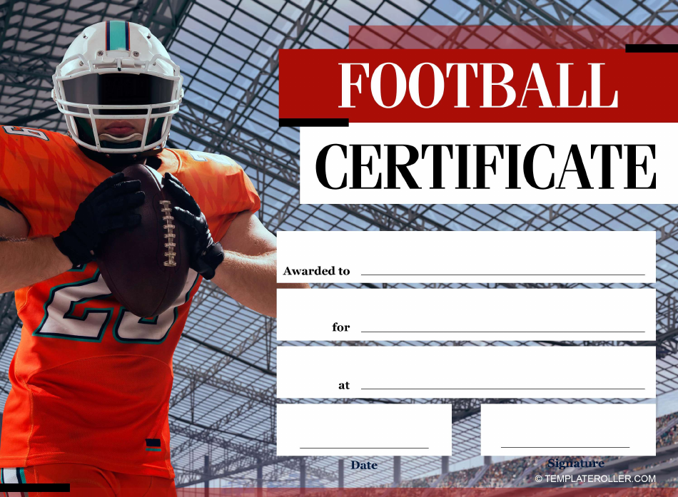 Red football certificate template with customizable text fields and a football graphic