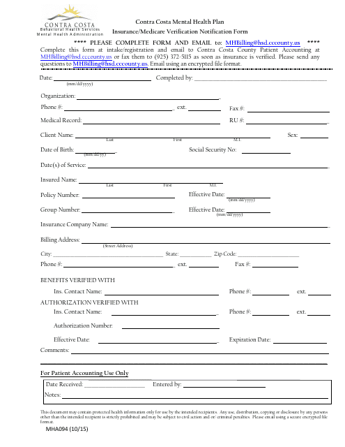 Form MHA094 Contra Costa Mental Health Plan Insurance/Medicare Verification Notification Form - Contra Costa County, California