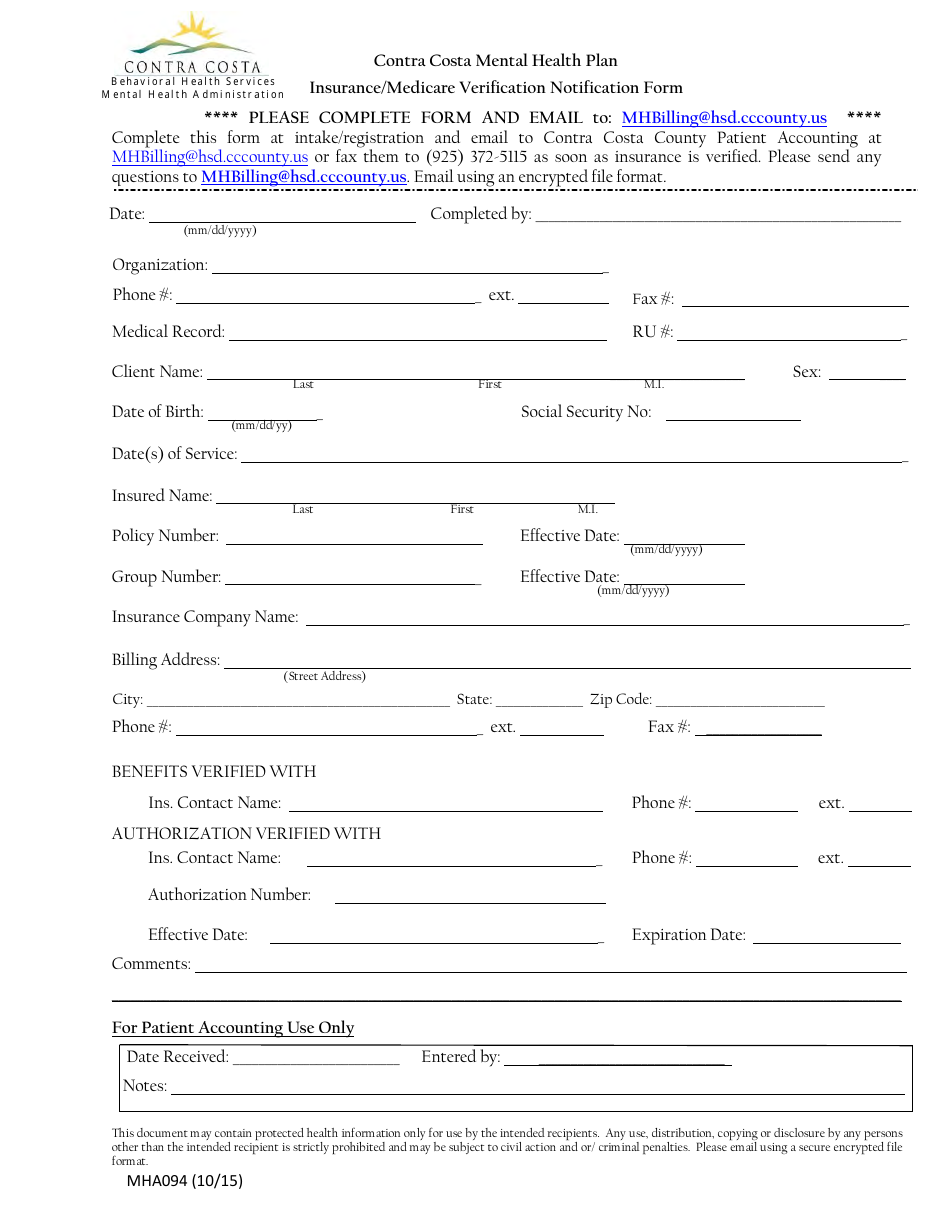 Form MHA094 Contra Costa Mental Health Plan Insurance / Medicare Verification Notification Form - Contra Costa County, California, Page 1