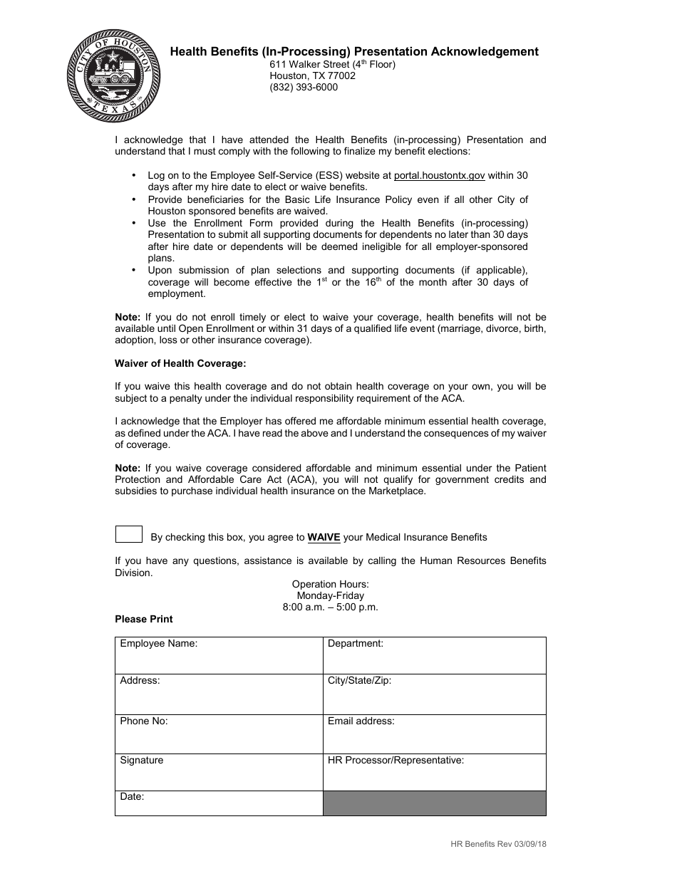 City of Houston, Texas Health Benefits (Inprocessing) Presentation
