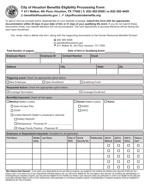 Benefits Eligibility Processing Form - City of Houston, Texas Download Pdf