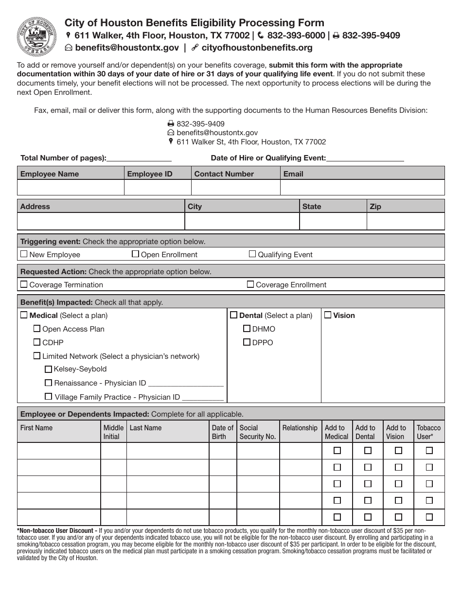 Benefits Eligibility Processing Form - City of Houston, Texas, Page 1