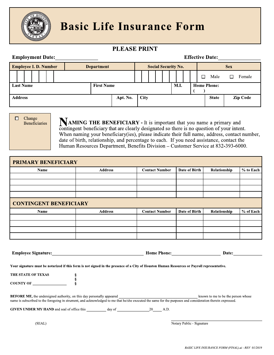 Basic Life Insurance Form - City of Houston, Texas, Page 1