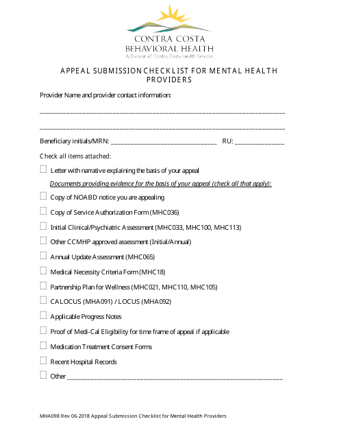 Form MHA098 Appeal Submission Checklist for Mental Health Providers - Contra Costa County, California