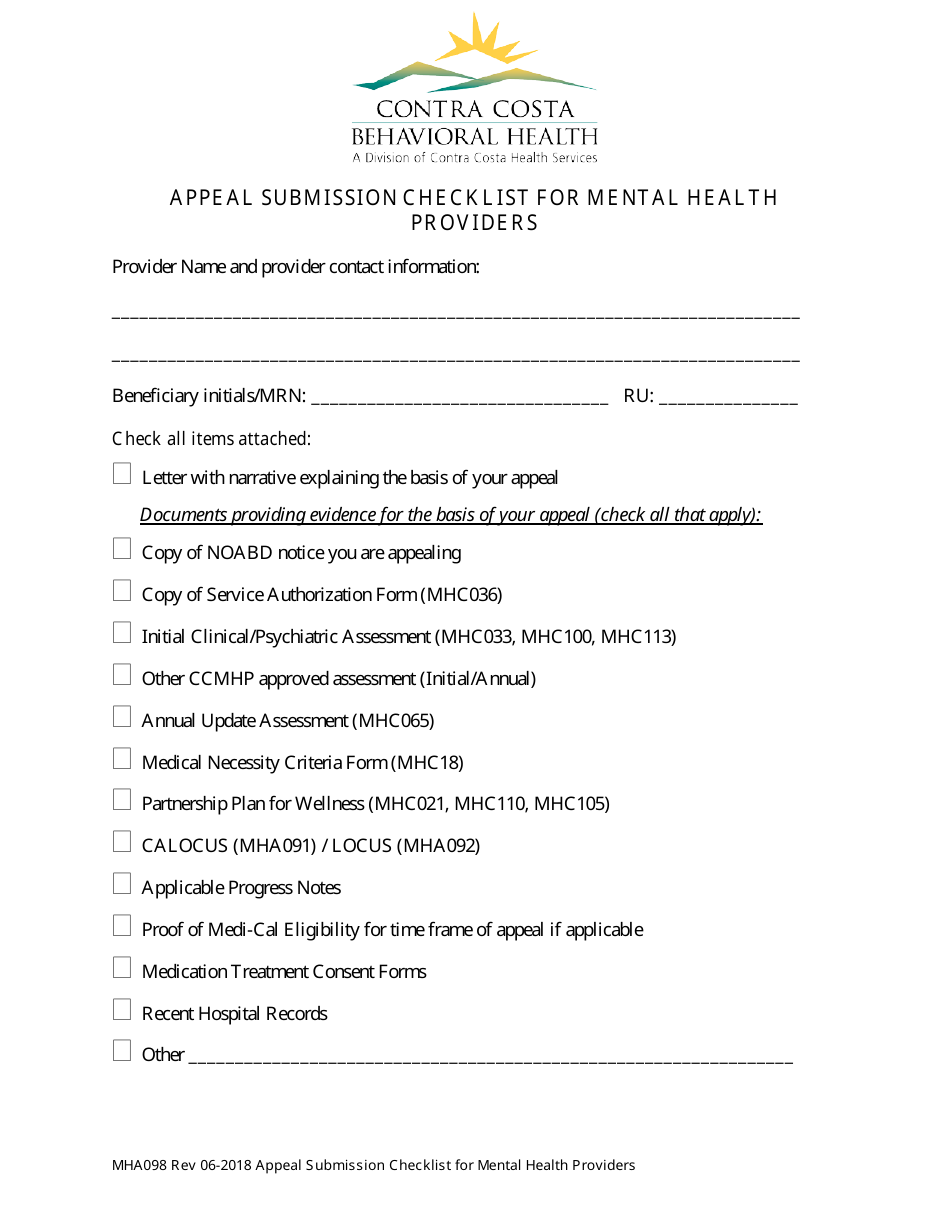 Form MHA098 Appeal Submission Checklist for Mental Health Providers - Contra Costa County, California, Page 1