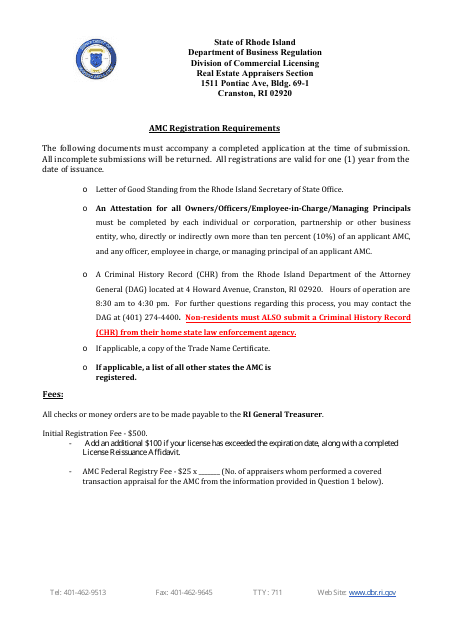 Appraisal Management Company (AMC) Initial / Annual Registration Application - Rhode Island Download Pdf