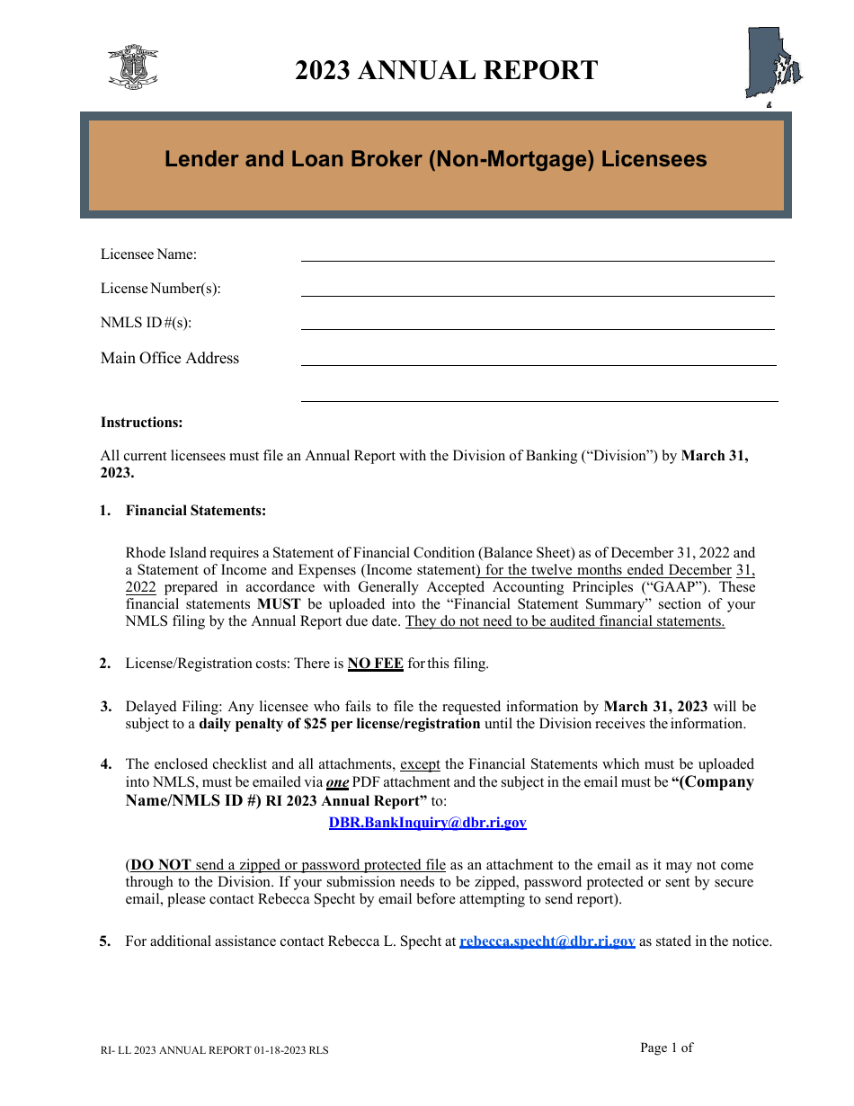 Lender and Loan Broker (Non-mortgage) Licensees Annual Report - Rhode Island, Page 1