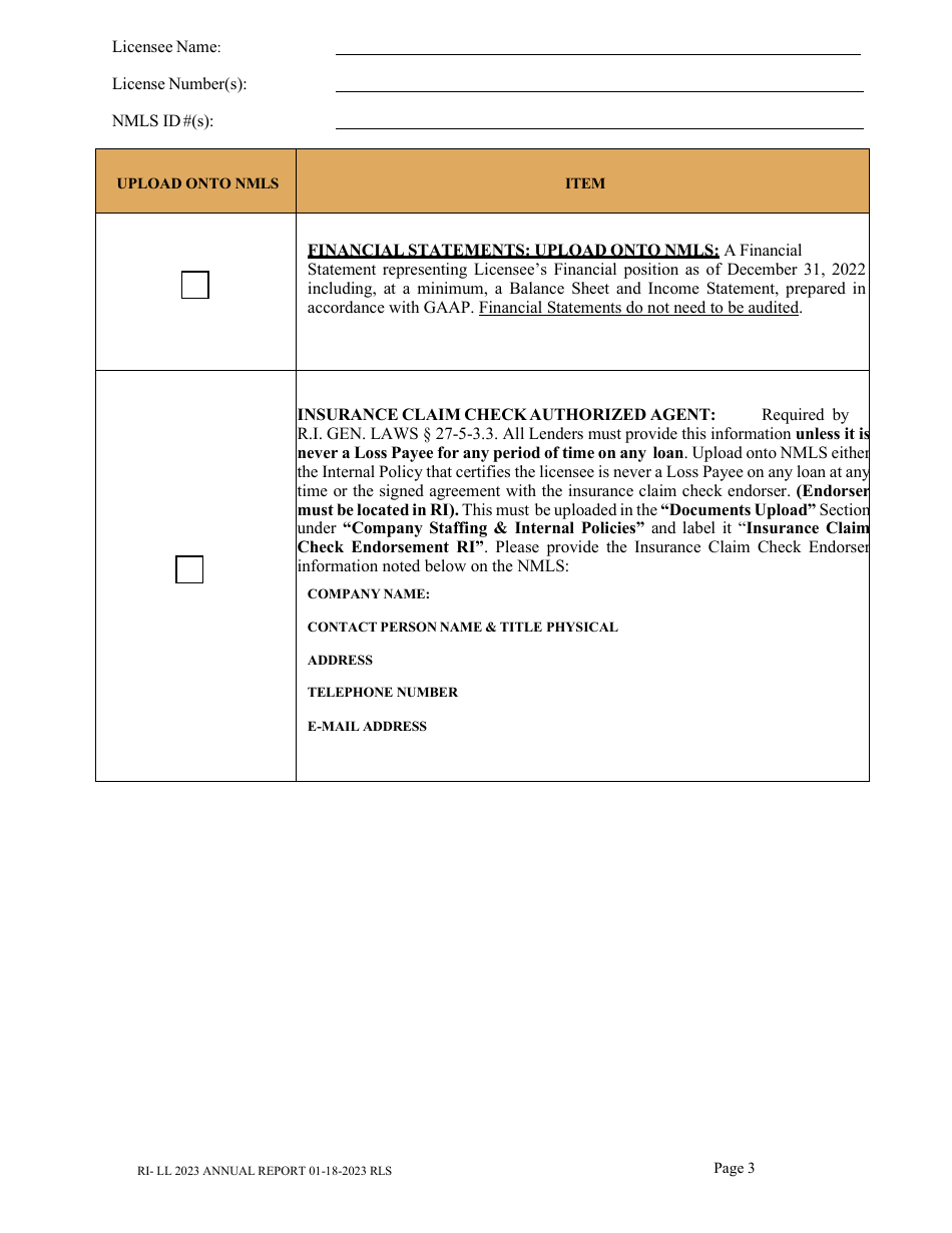 Lender and Loan Broker (Non-mortgage) Licensees Annual Report - Rhode Island, Page 2
