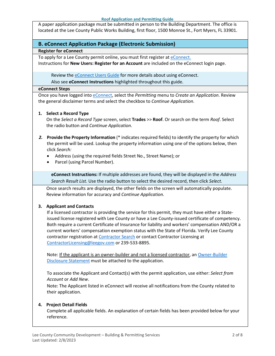 Instructions for Roof Covering Permit Application - Lee County, Florida, Page 2