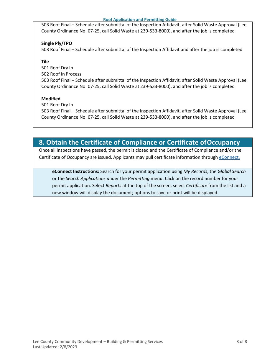 Instructions for Roof Covering Permit Application - Lee County, Florida, Page 8