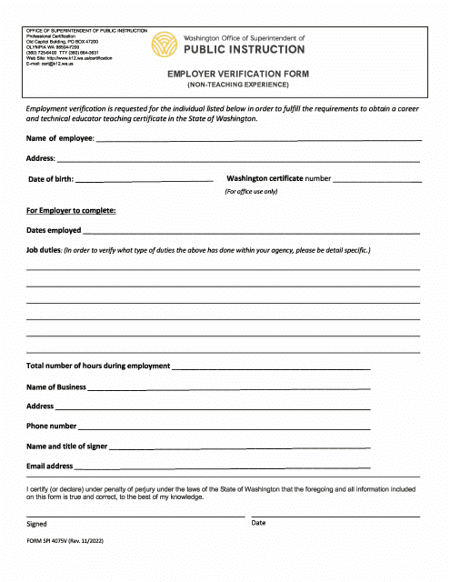 Form SPI4075V Employer Verification Form (Non-teaching Experience) - Washington