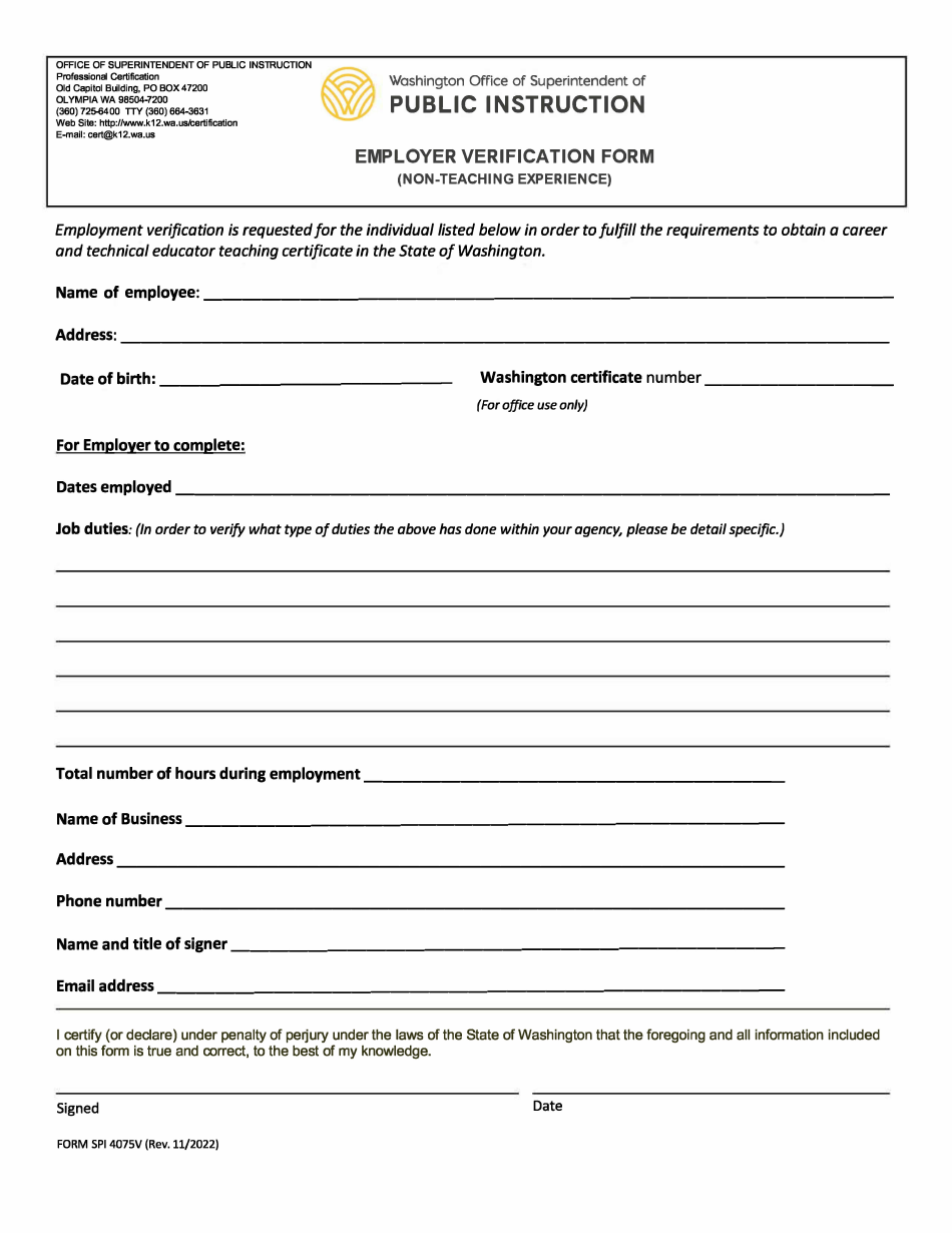 Form SPI4075V Employer Verification Form (Non-teaching Experience) - Washington, Page 1