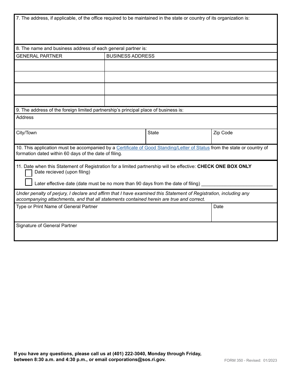 Form 350 Statement of Registration - Foreign Limited Partnership - Rhode Island, Page 4
