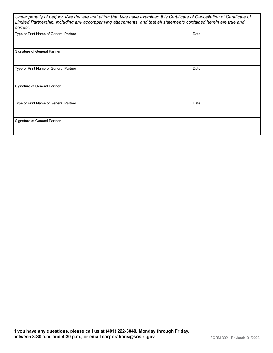 Form 302 Statement of Dissolution - Domestic Limited Partnership - Rhode Island, Page 3