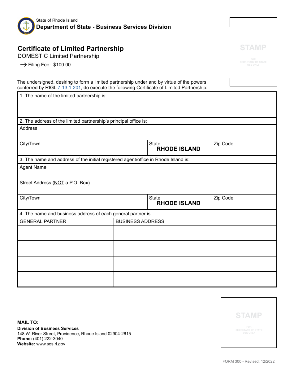 Form 300 Certificate of Limited Partnership - Domestic Limited Partnership - Rhode Island, Page 3