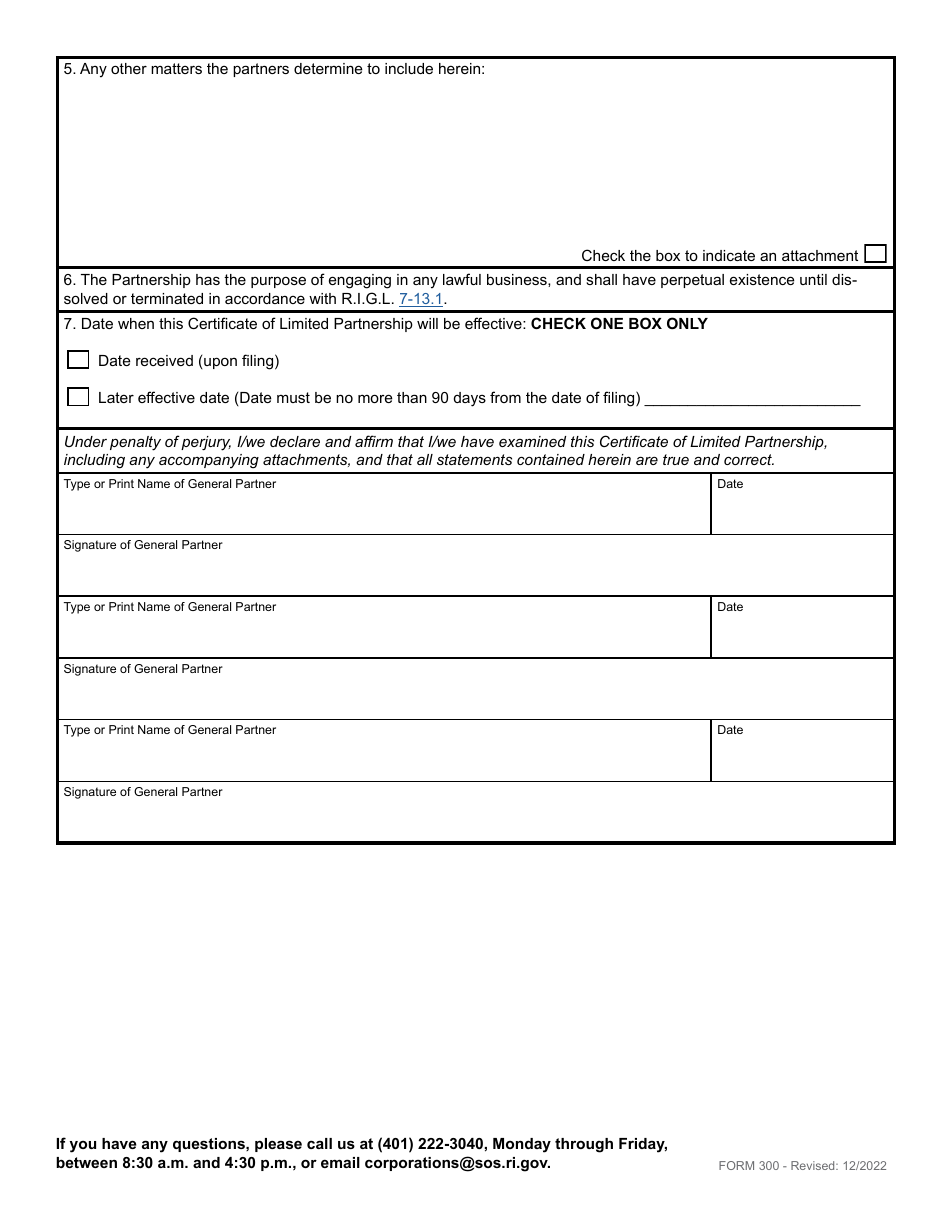 Form 300 Certificate of Limited Partnership - Domestic Limited Partnership - Rhode Island, Page 4