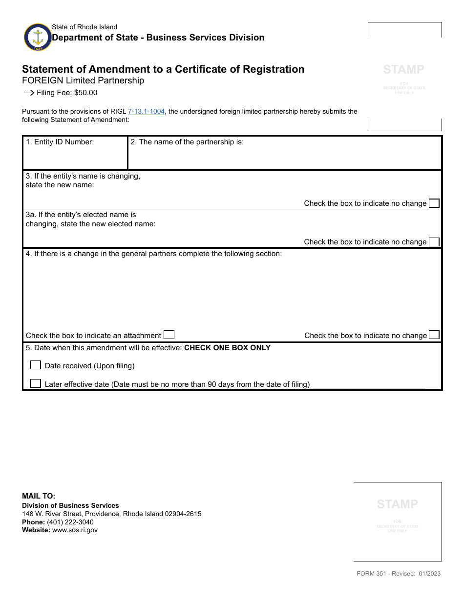 Form 351 Statement of Amendment to a Certificate of Registration - Foreign Limited Partnership - Rhode Island, Page 2