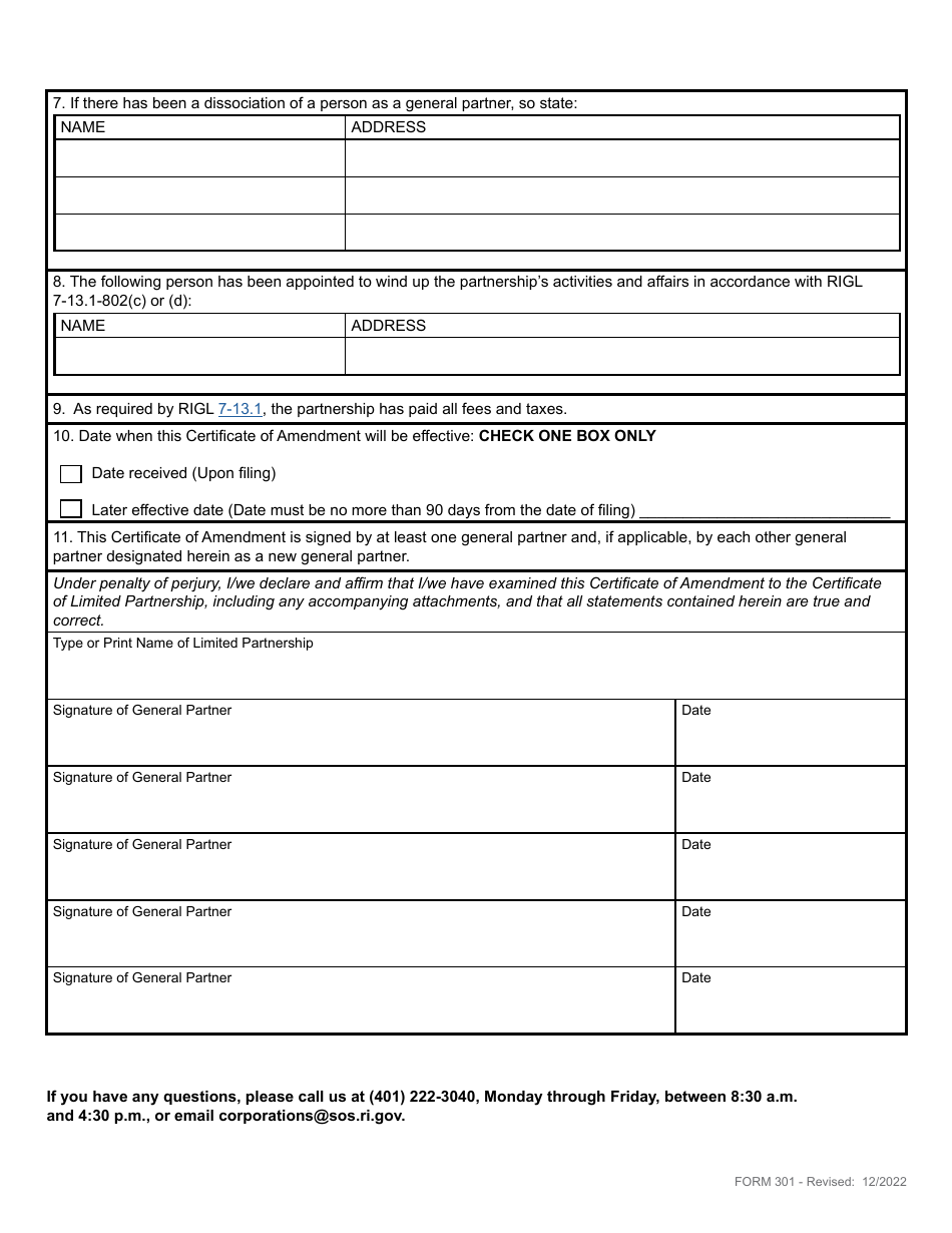 Form 301 Certificate of Amendment to Certificate of Limited Partnership - Rhode Island, Page 3