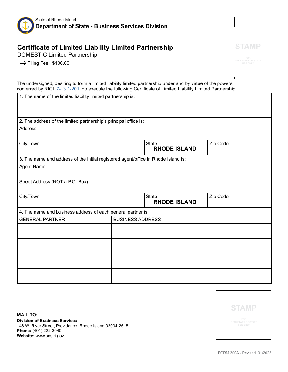 Form 300A Certificate of Limited Liability Limited Partnership - Domestic Limited Partnership - Rhode Island, Page 3