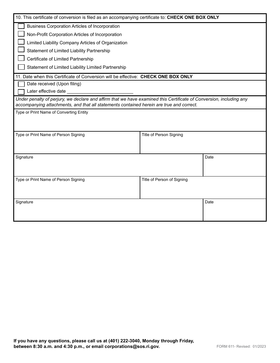 Form 611 Application for Certificate of Conversion - Domestic Business Corporation, Non-profit Corporation, Limited Partnership, Limited Liability Partnership or Limited Liability Company - Rhode Island, Page 3