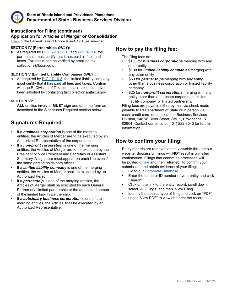 Form 610 Application for Articles of Merger - Domestic or Foreign Business Corporation, Partnership, Limited Liability Company or Non-profit Corporation - Rhode Island, Page 2