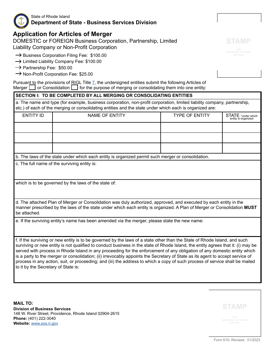 Form 610 Application for Articles of Merger - Domestic or Foreign Business Corporation, Partnership, Limited Liability Company or Non-profit Corporation - Rhode Island, Page 3
