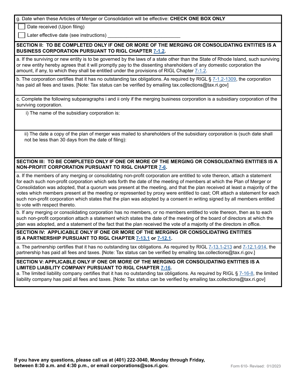 Form 610 Application for Articles of Merger - Domestic or Foreign Business Corporation, Partnership, Limited Liability Company or Non-profit Corporation - Rhode Island, Page 4