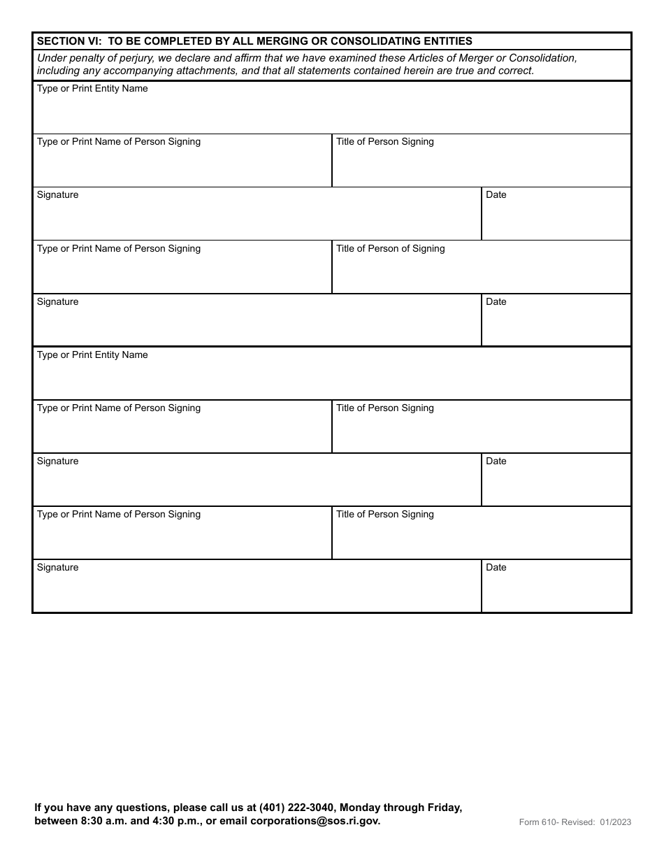Form 610 Application for Articles of Merger - Domestic or Foreign Business Corporation, Partnership, Limited Liability Company or Non-profit Corporation - Rhode Island, Page 5