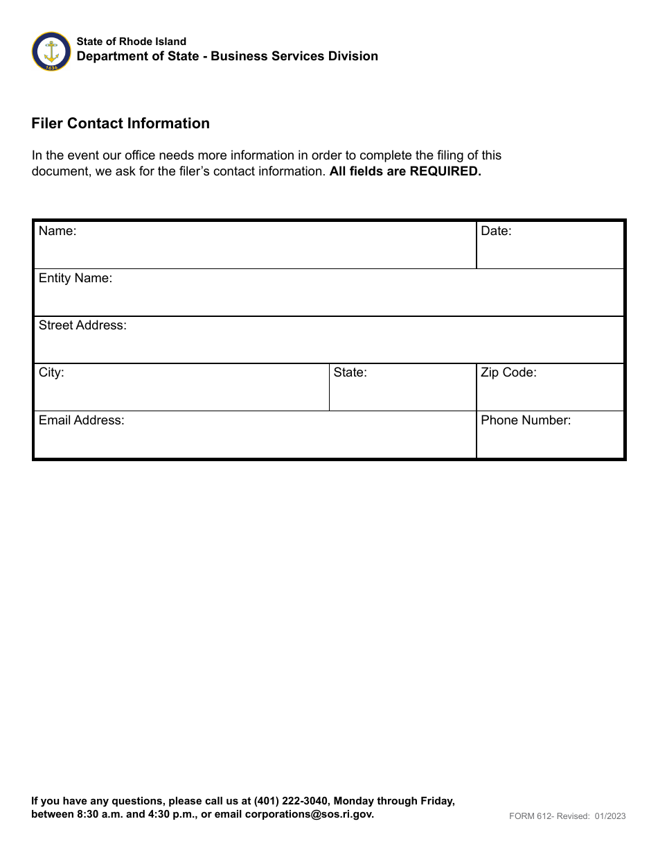 Form 612 Application for Transfer of Authority - Foreign Business Corporation, Limited Partnership, Limited Liability Company, Limited Liability Partnership or Non-profit Corporation - Rhode Island, Page 4