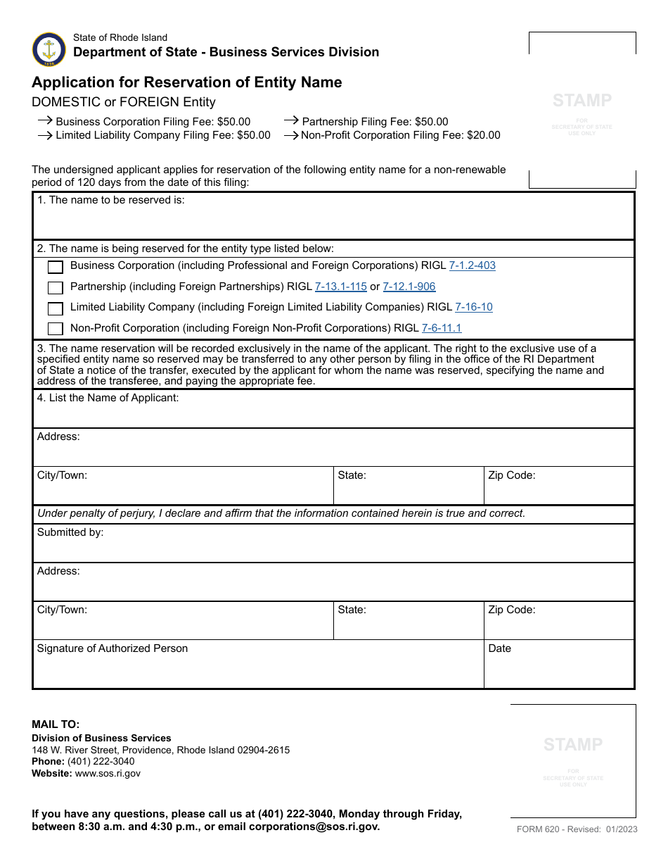 Form 620 Application for Reservation of Entity Name - Domestic or Foreign Entity - Rhode Island, Page 2