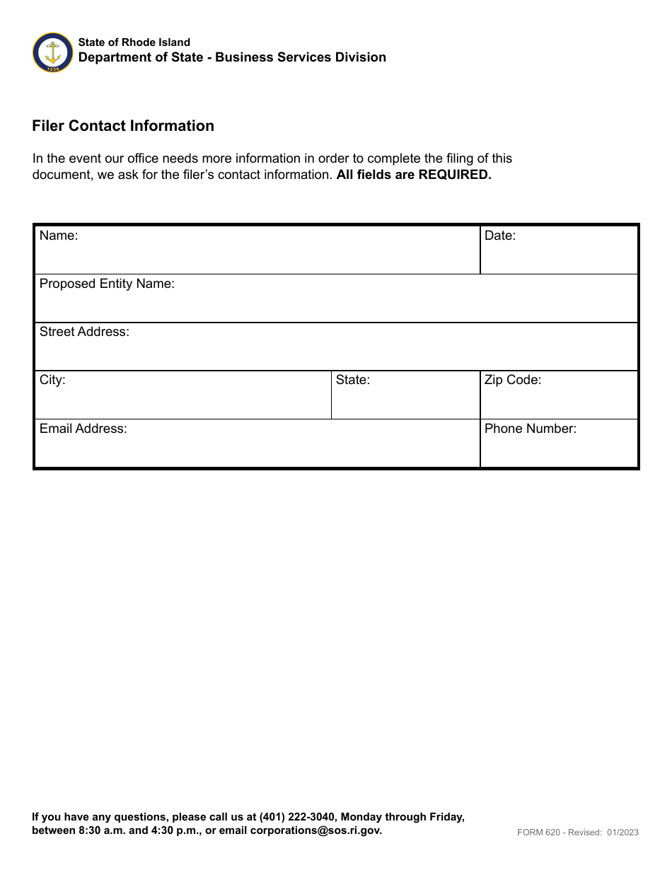 Form 620 Application for Reservation of Entity Name - Domestic or Foreign Entity - Rhode Island, Page 3
