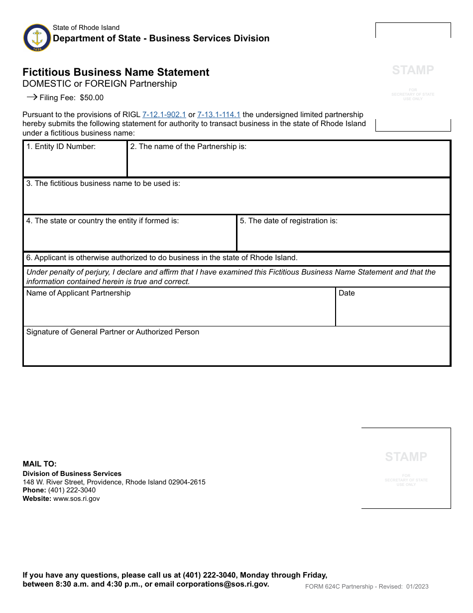 Form 624C Fictitious Business Name Statement - Domestic or Foreign Partnership - Rhode Island, Page 2