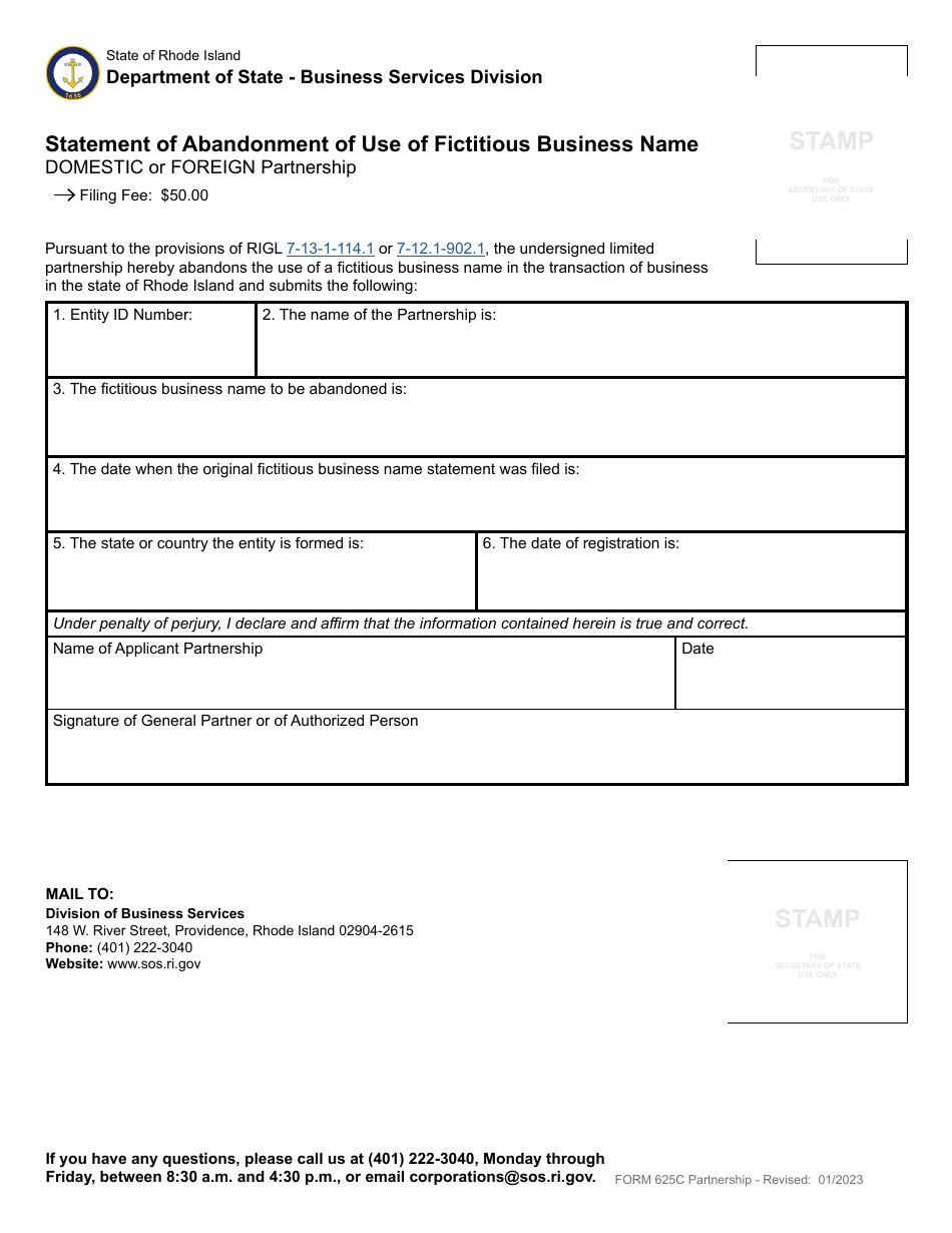Form 625C Statement of Abandonment of Use of Fictitious Business Name - Domestic or Foreign Partnership - Rhode Island, Page 2