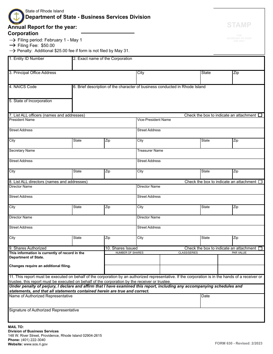 Form 630 Annual Report for a Corporation - Rhode Island, Page 2