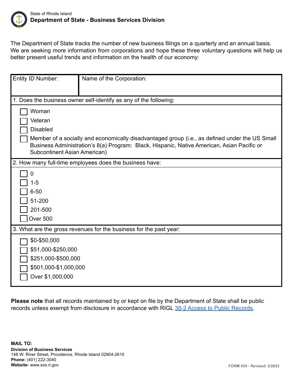 Form 630 Annual Report for a Corporation - Rhode Island, Page 3