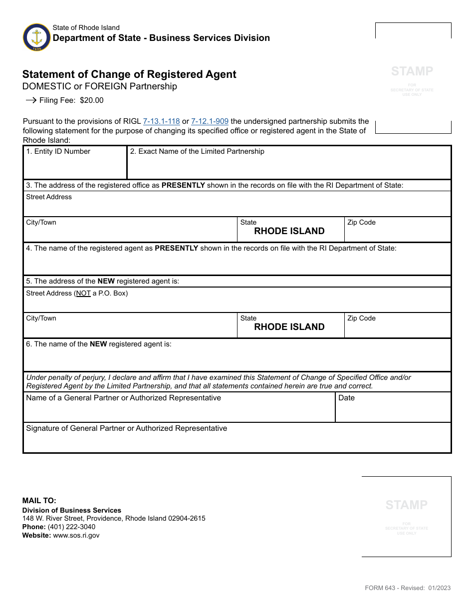 Form 643 Statement of Change of Registered Agent - Domestic or Foreign Partnership - Rhode Island, Page 2