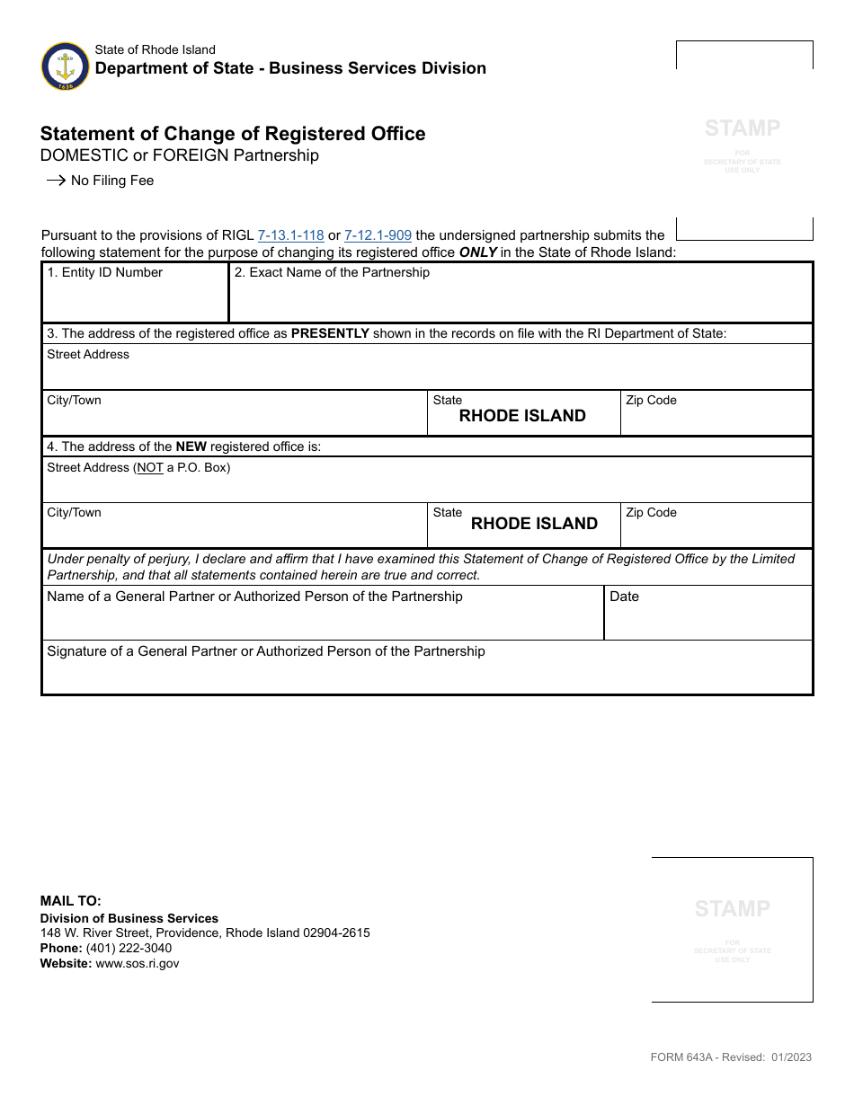 Form 643A Statement of Change of Registered Office - Domestic or Foreign Partnership - Rhode Island, Page 2