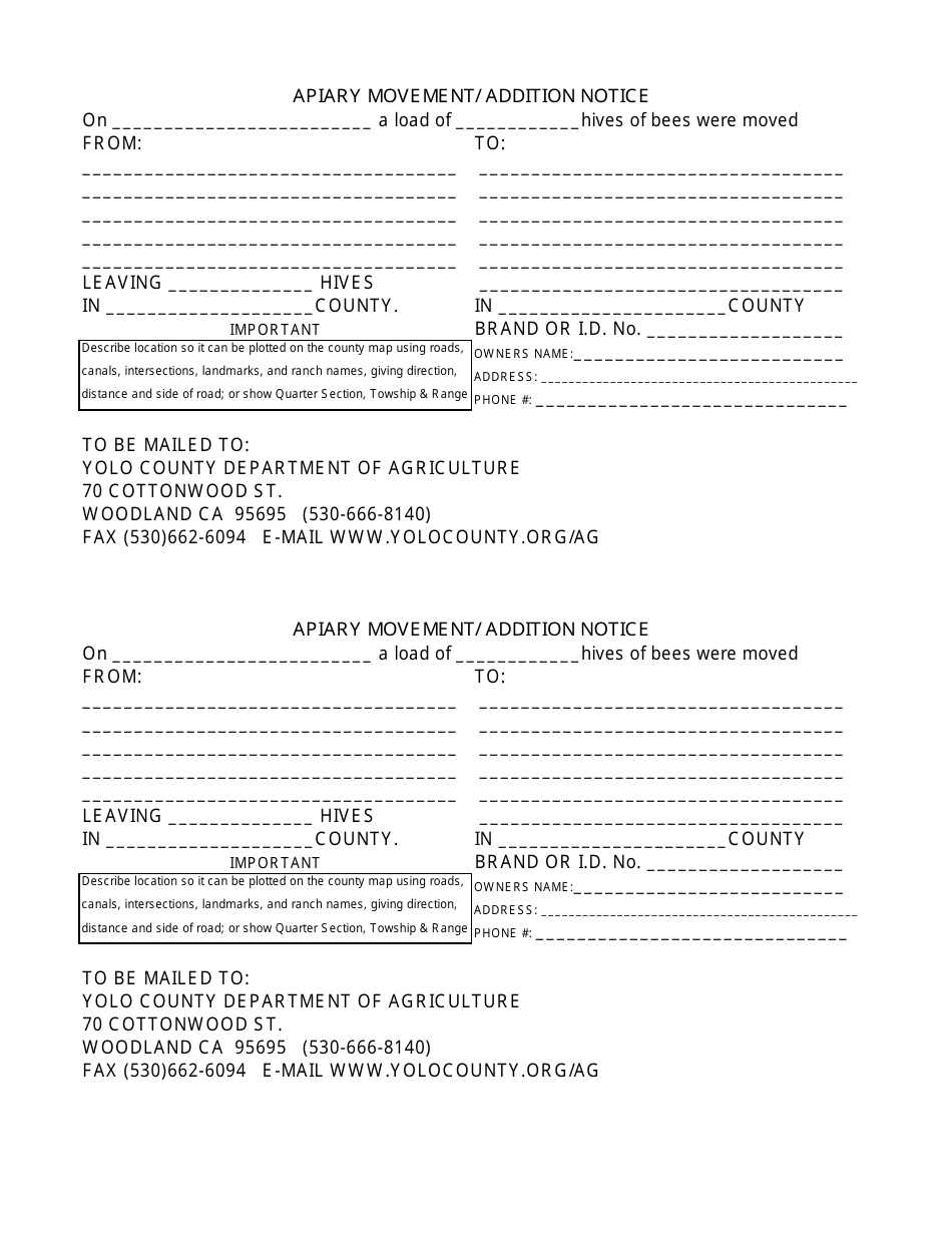 Apiary Movement / Addition Notice - Yolo County, California, Page 1