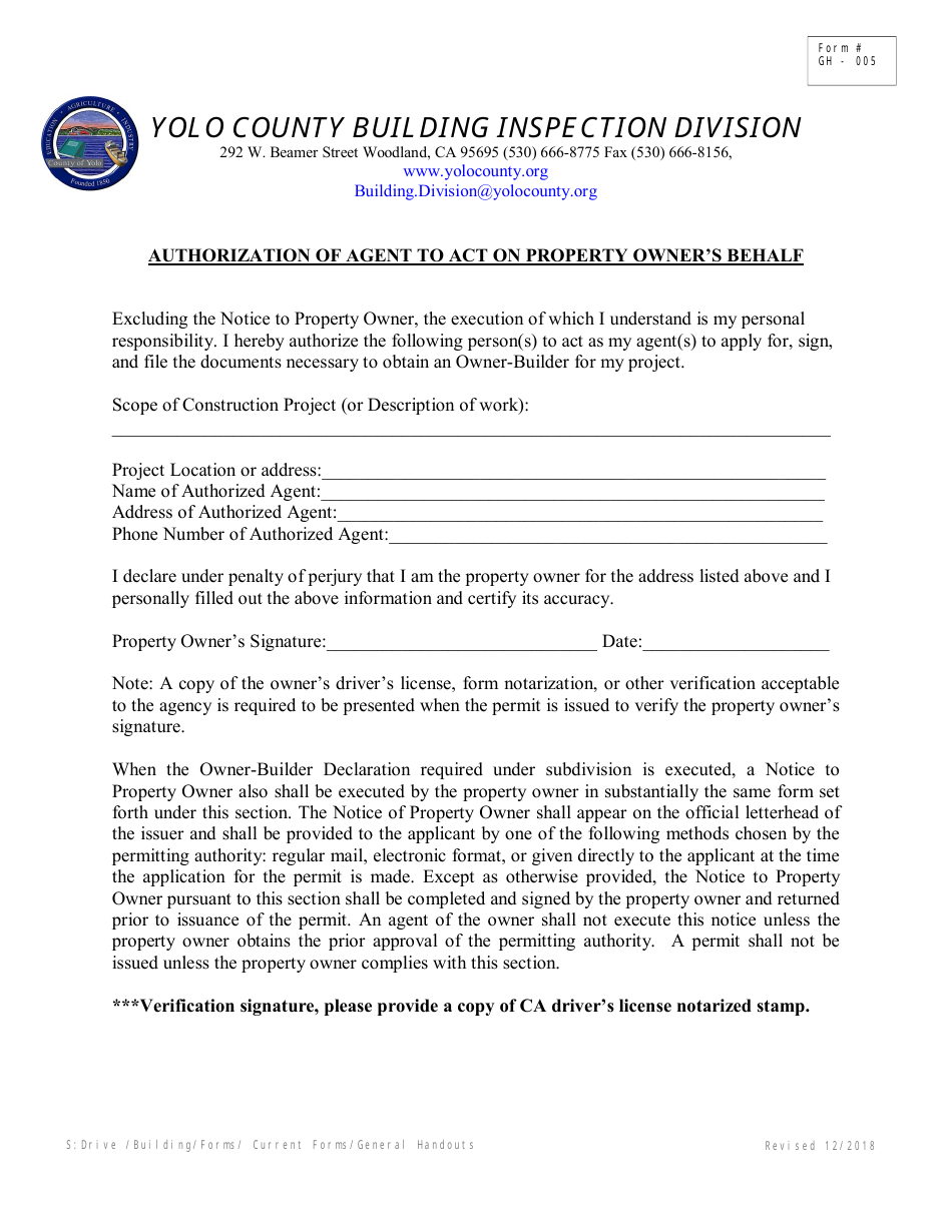 Form GH-005 Authorization of Agent to Act on Property Owners Behalf - Yolo County, California, Page 1