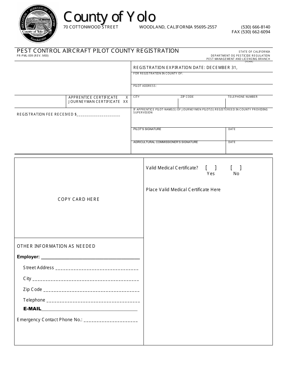 Form PR-PML-009 Pest Control Aircraft Pilot County Registration - Yolo County, California, Page 1