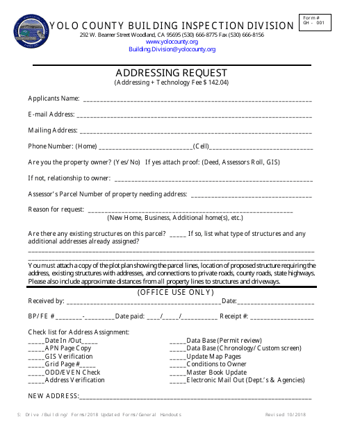 Form GH-001 Addressing Request - Yolo County, California