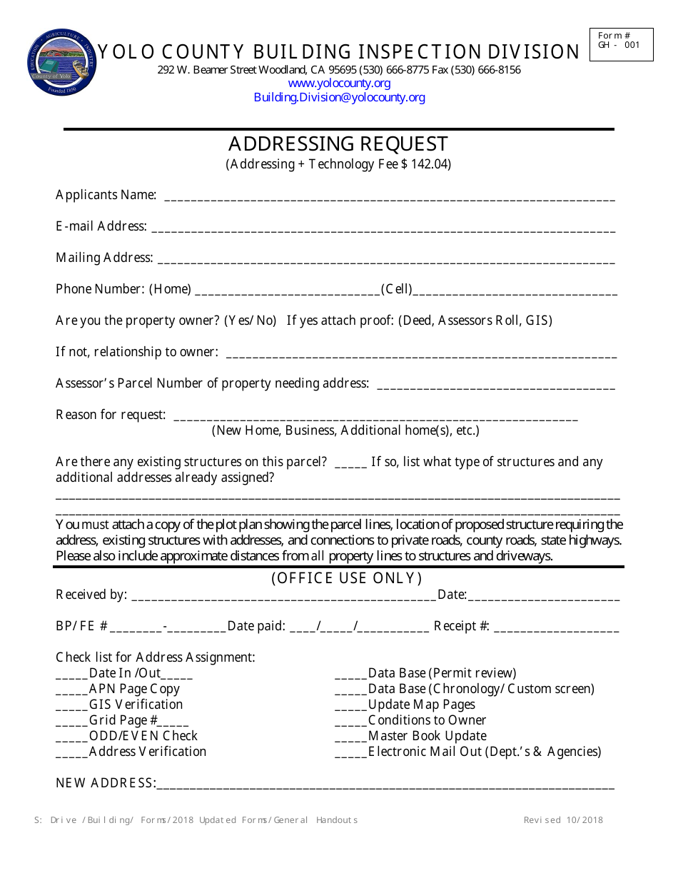 Form GH-001 Addressing Request - Yolo County, California, Page 1