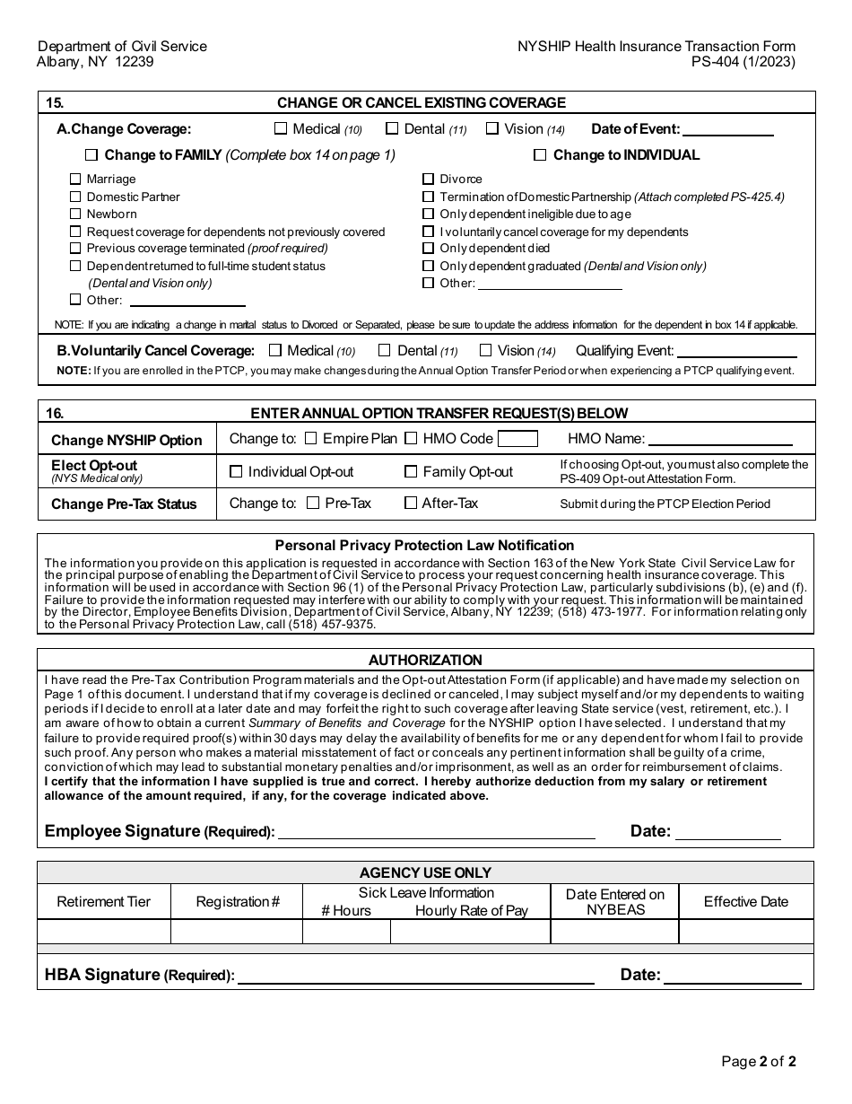 Form PS-404 Nyship Health Insurance Transaction Form for NYS  Pe Employees - New York, Page 2