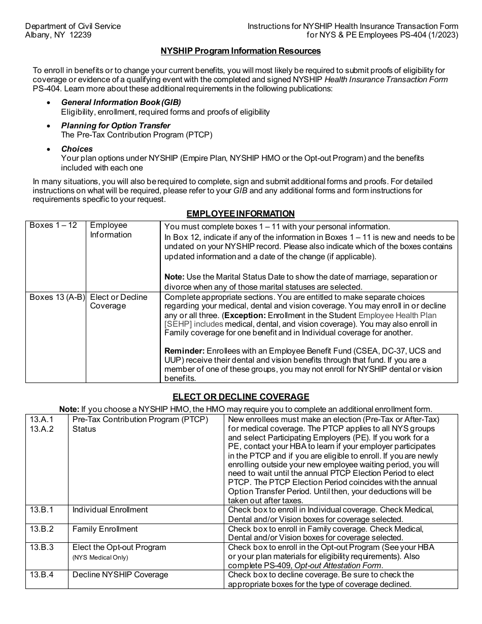 Form PS-404 Nyship Health Insurance Transaction Form for NYS  Pe Employees - New York, Page 3