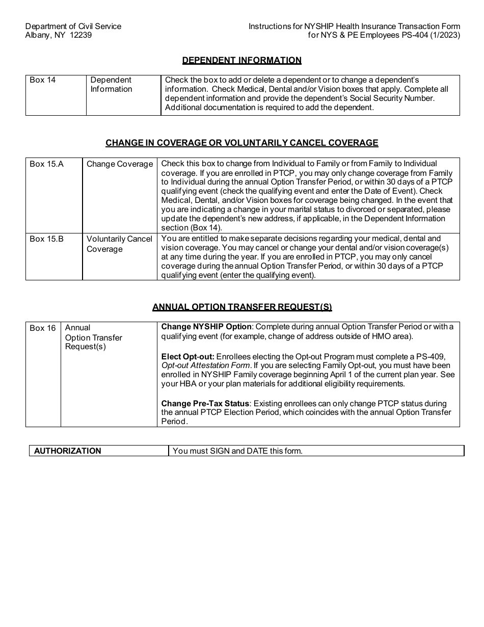Form PS-404 Nyship Health Insurance Transaction Form for NYS  Pe Employees - New York, Page 4