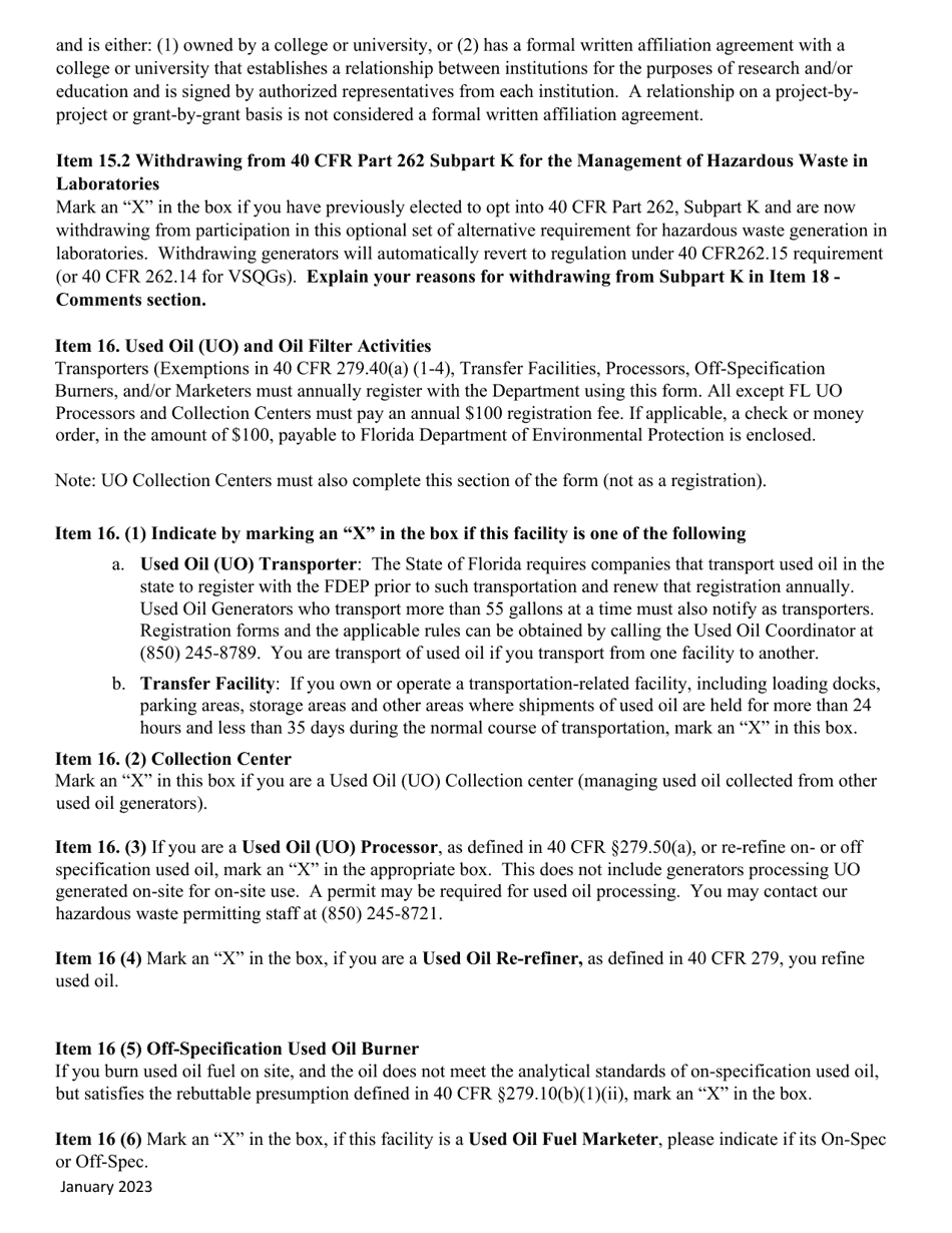 Instructions for Form 8700-12FL, DEP Form 62-730.900(1)(B) Florida Notification of Regulated Waste Activity - Florida, Page 10