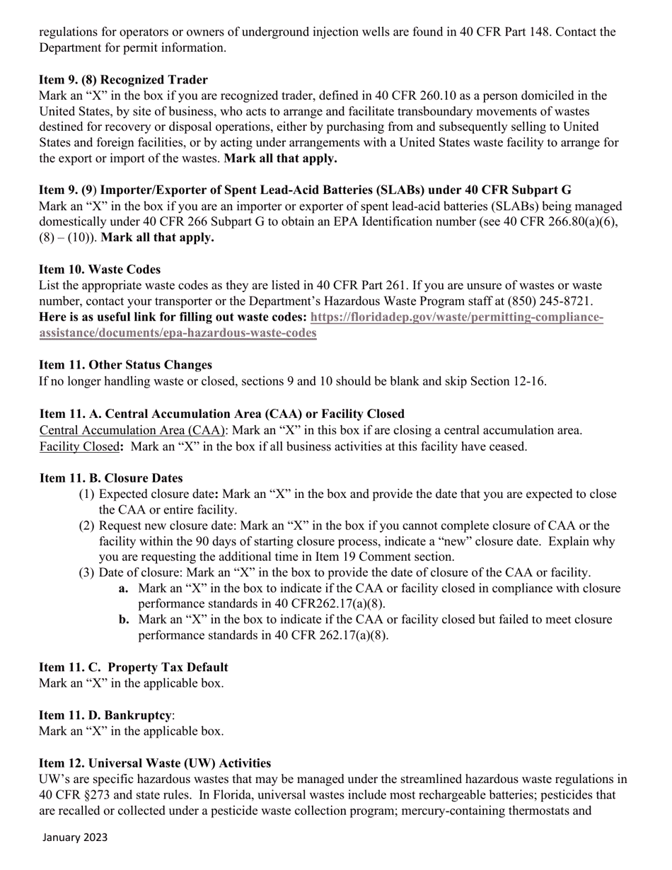 Instructions for Form 8700-12FL, DEP Form 62-730.900(1)(B) Florida Notification of Regulated Waste Activity - Florida, Page 6