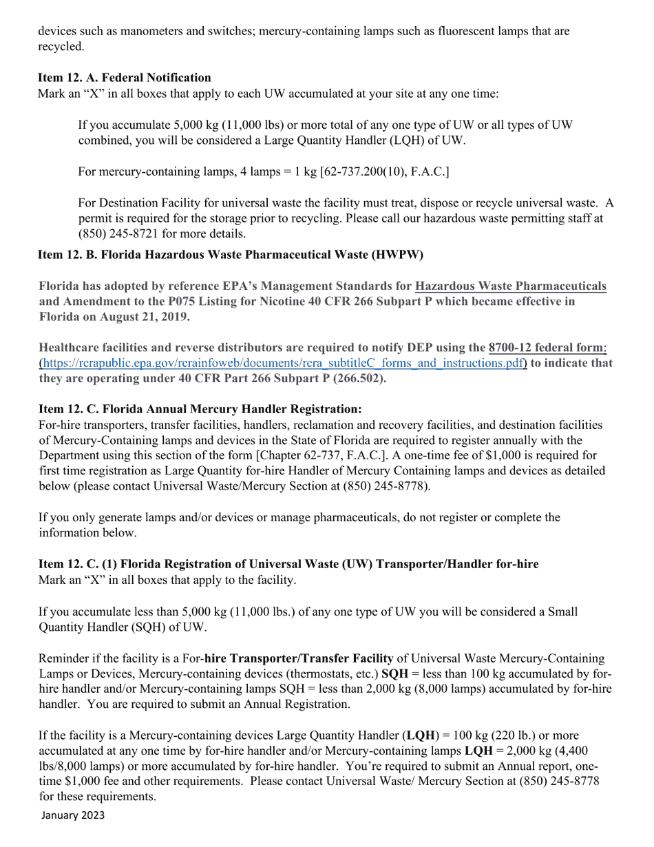 Instructions for Form 8700-12FL, DEP Form 62-730.900(1)(B) Florida Notification of Regulated Waste Activity - Florida, Page 7